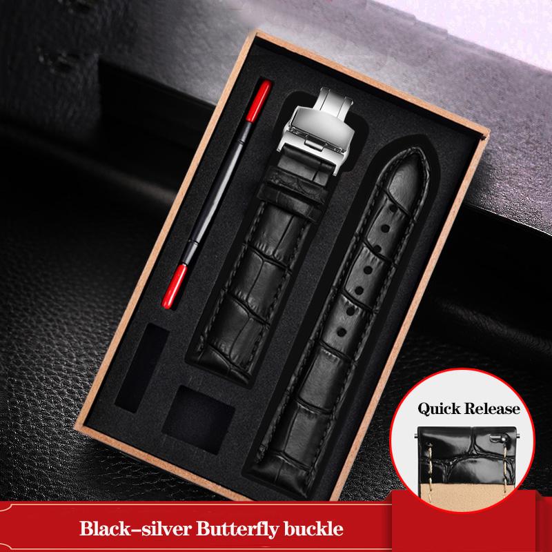 Leather Watchband Black Blue Cowhide Strap Butterfly Buckle Fits All Brands of Watches Men Women 12/14/15/16/18/19/20/22/23mm
