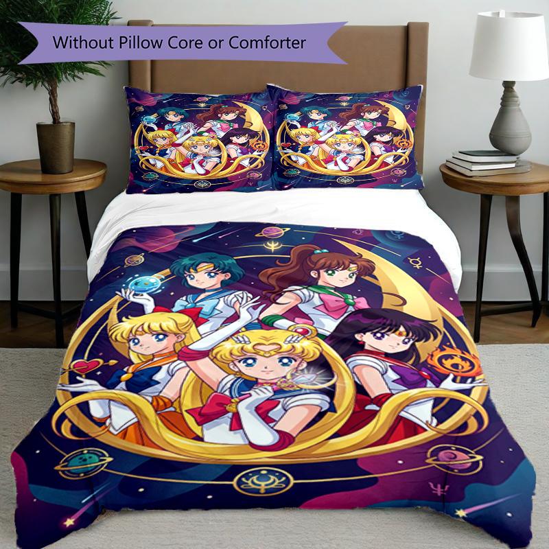 Zestaw 3 poszewek na kołdrę (1*Poszwa na kołdrę + 2*Poszewka na poduszkę, bez rdzenia), Pościel z nadrukiem Sailor Moon, Wystrój sypialni, Na każdą porę roku, Prezent urodzinowy