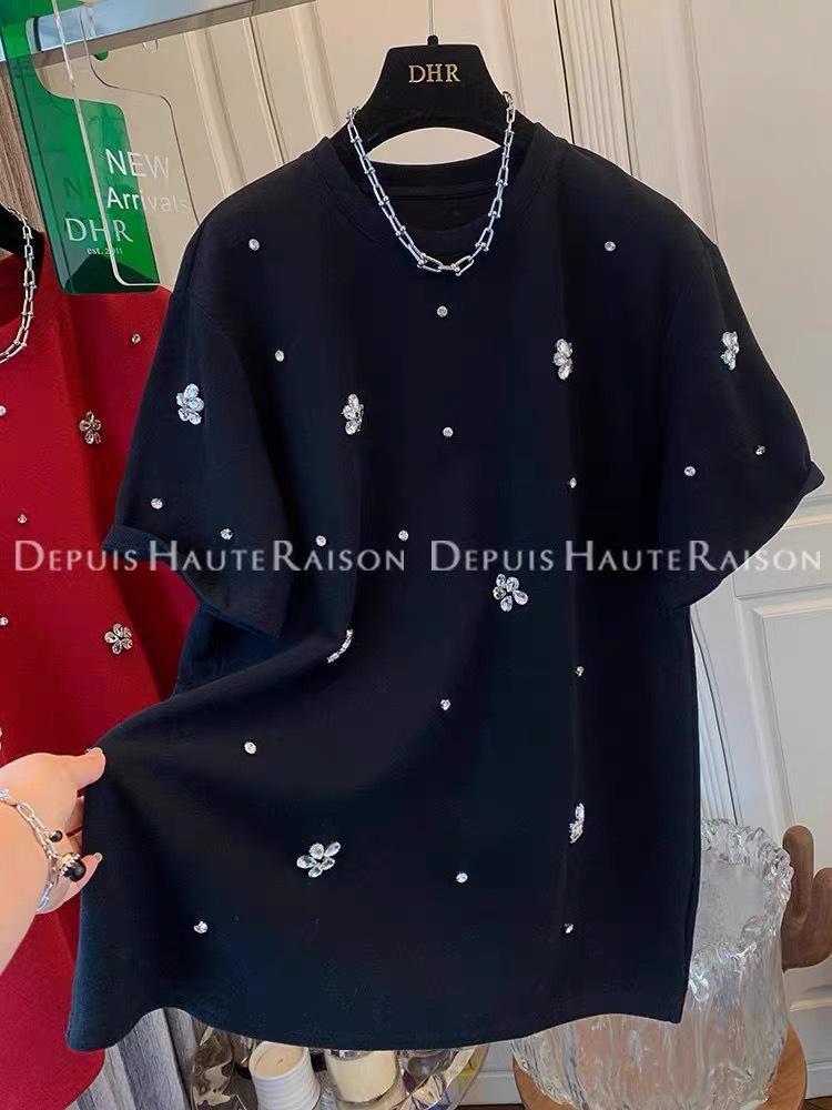 Rhinestone Flower Double-Sided Brushed Short Sleeve T-shirt Women's Loose Base Layer Top
