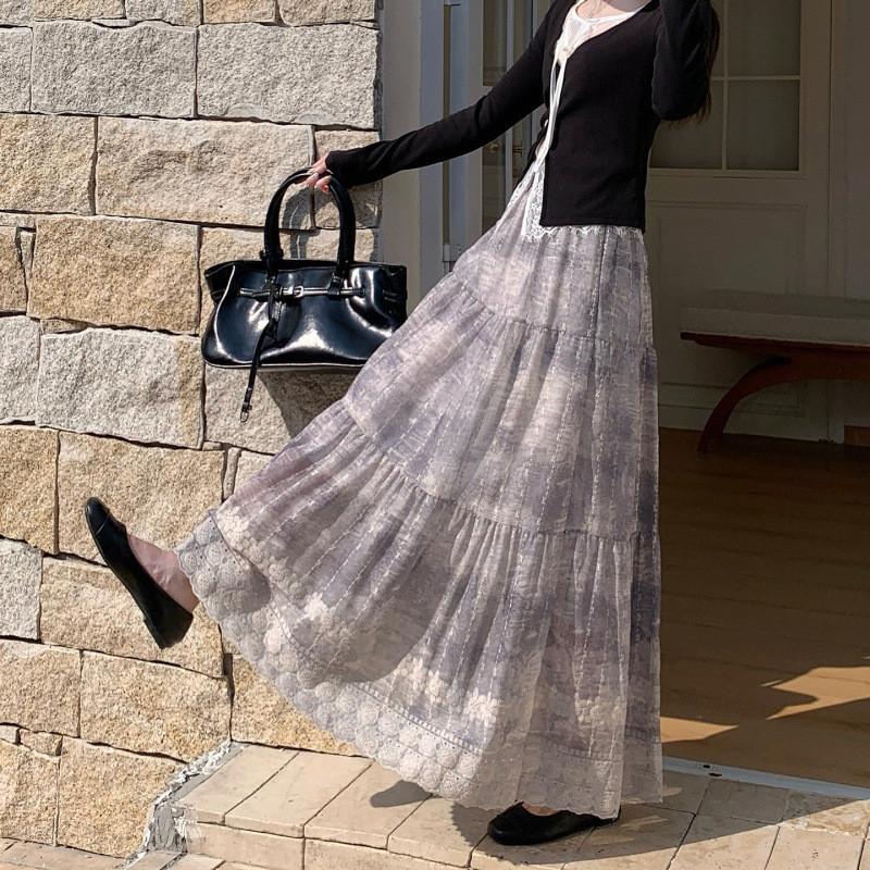 Blue Floral Tiered Skirt Embroidered High Waist A-Line Maxi French Ethereal Style QT2864 One Size