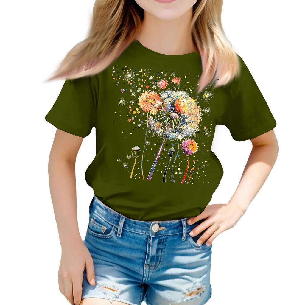 Girls Round Neck Casual Printed Short-sleeved T-shirt Top