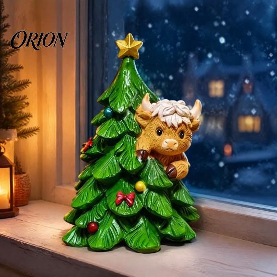 Christmas Party Supplies Highland Cow Stocking Figurine, Xmas Tree Cattle Resin Seasonal Shelf Decorations Statue, Animal Sculpture for Holiday