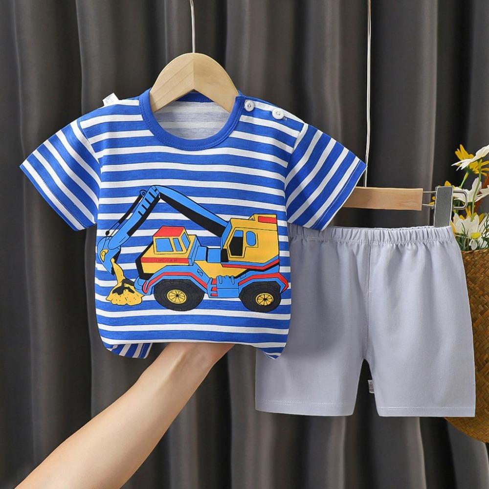 New Kids Boys Girls Summer Pajamas Cute Cartoon Print Short Sleeve T-Shirt Tops with Shorts Toddler Baby Clothing Sets