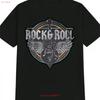 Mens Roll Music T Shirt with Iconic Guitar Logo Print Black Casual Round Vintage Washed Graphic Stretched Versatile Unisex
