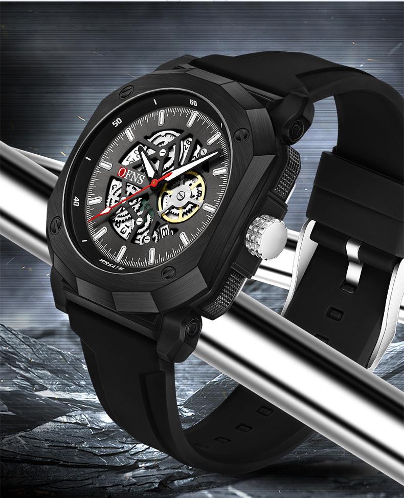 Oufanni Men's Waterproof Luminous Skeleton Quartz Wristwatch with Calendar