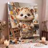 5D Framed Pearl Painting Kit Cute Artist Hedgehog Pattern Sparkling Bead Art Canvas Ready to Display Creative Home Decor Gift