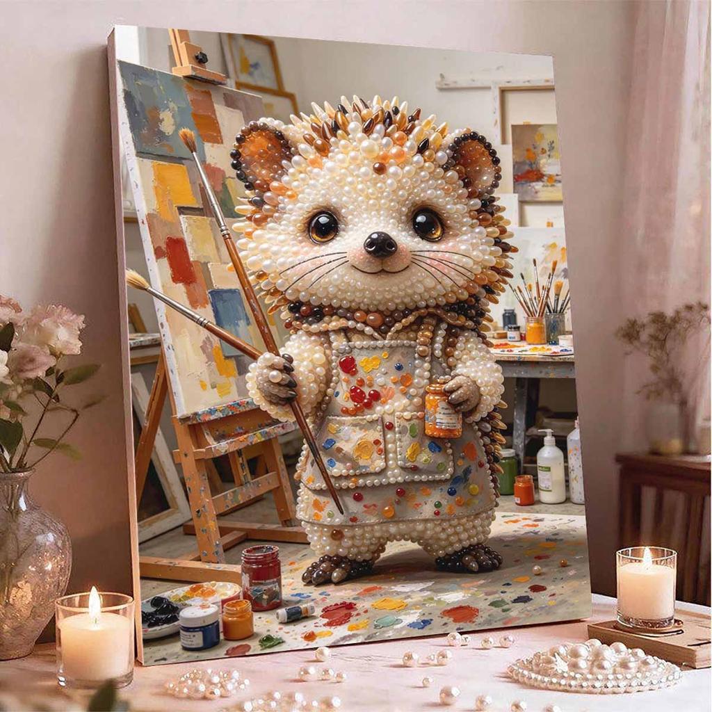 5D Framed Pearl Painting Kit Cute Artist Hedgehog Pattern Sparkling Bead Art Canvas Ready to Display Creative Home Decor Gift