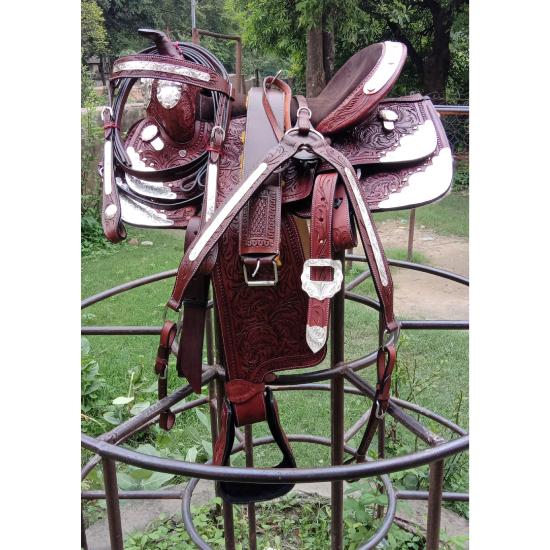 Silla de Montar Western de Cuero Premium para Exhibición, Silla de Caballo para Barrel Racing y Arreos.