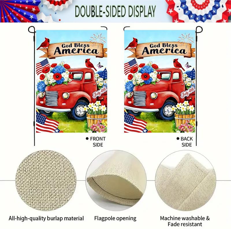 4th of July Garden Flag 12x18 Double Sided, Small Burlap Holiday Summer Truck Independence Day Memorial Day Patriotic God Bl