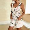 Women Plus Size Sleeveless Scoop Neck Black Floral Print Loose Short Romper With Patch Pockets