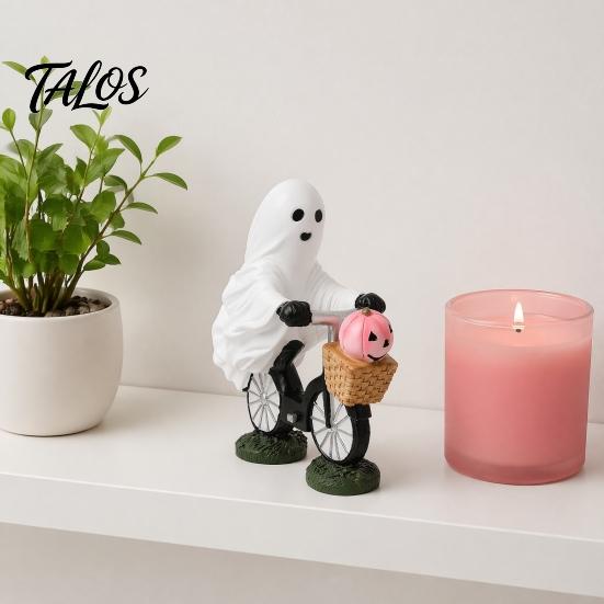 Fun Halloween Collectible Statue Ghost Riding Bicycle Resin Figurine, Spooky Desk Shelf Decor for Creative Party Ornament Home Entryway, Hand-Painted