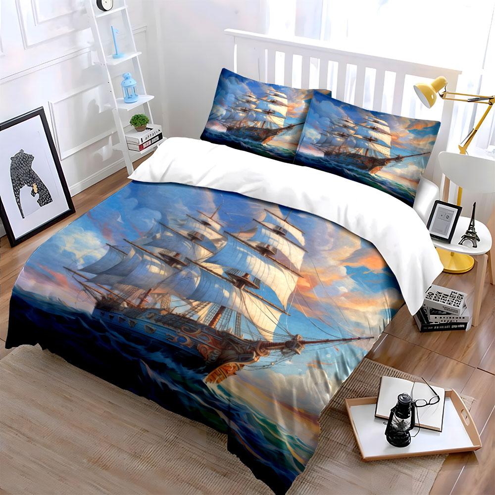 "Ocean Sailing Ship Art Set" Bedding Set with 1 Duvet Cover 2 Pillowcases Single Double King Queen, Gift