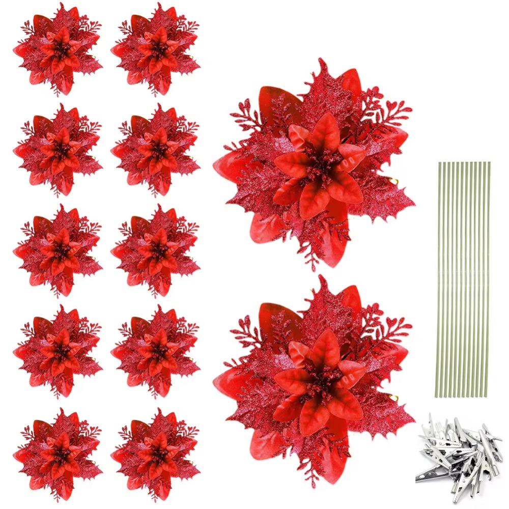 12Pcs With Clips Glitter Xmas Tree Ornaments Multi-color Christmas Floral Decorations  Wedding Decor