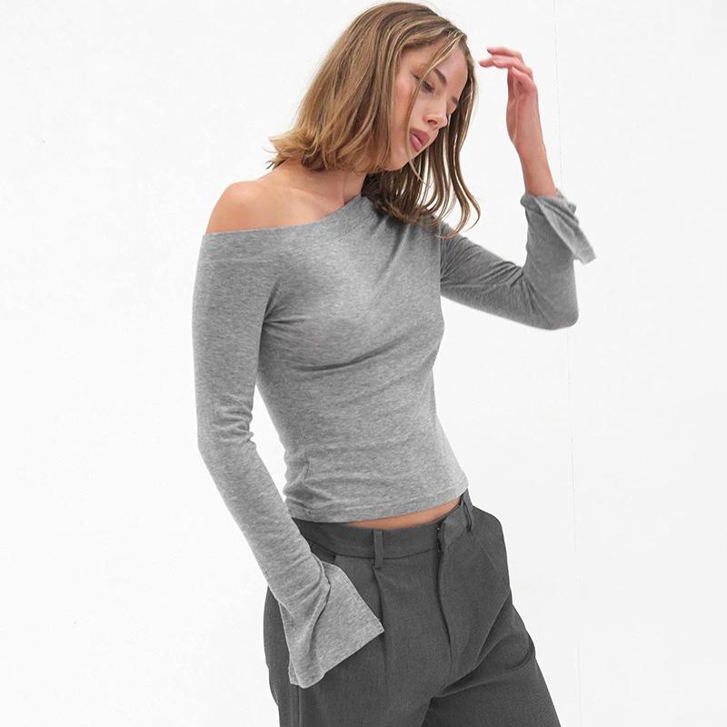 

Women s Autumn One-Shoulder Slim-Fit Slit T-Shirt Medium серый
