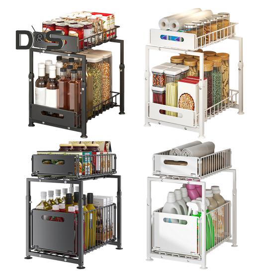 Kitchen Storage Rack Strong Load-bearing Large Capacity Adjustable Height 2-Tier Under-Sink Organizer with Pull-Out Drawers