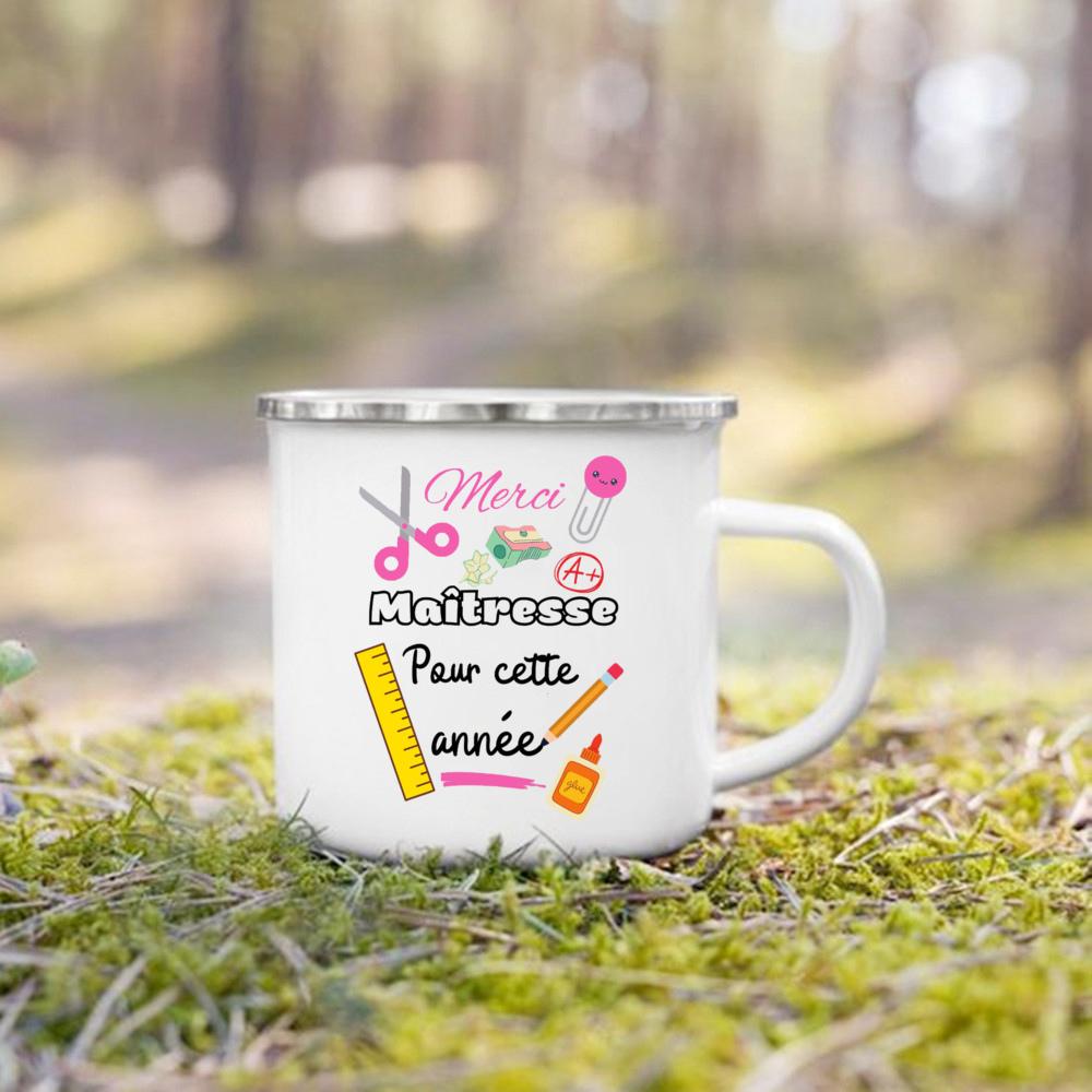 Merci Maitresse French Printed Mug Creative Coffee Cups Drinks Dessert Milk Enamel Cup Vintage Handle Drinkware Gift for Teacher