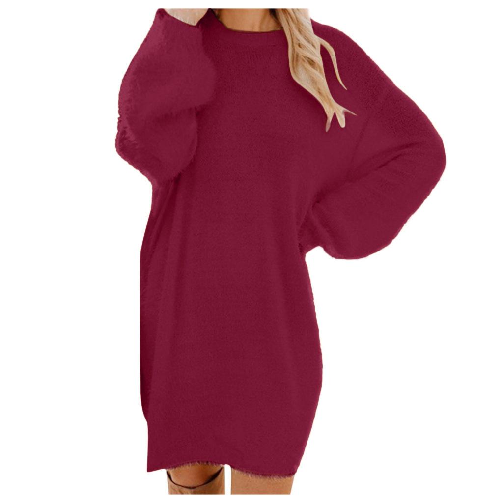 2025 Autumn Winter Women's Plush Dress Long Sleeve Round Neck Loose Mid-Length Fashion