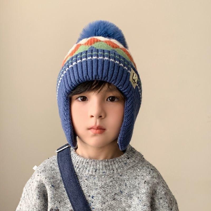 Autumn and Winter Boys and Girls Rhombus Windproof Ear Hats Baby Knitted Thickened Wool Hats Winter Children's Warm Hats