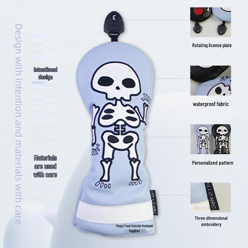 Skull Embroidered Golf Wood Headcover with Rotating Number Tag (1/3/5/UT)