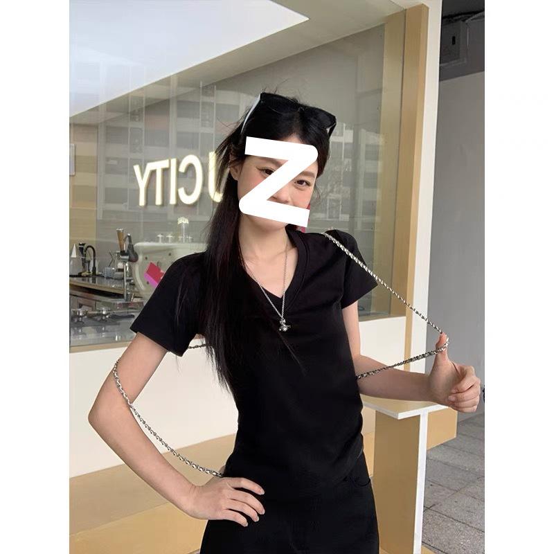 Women Summer New Red V Neck Short Sleeve Slim Fit Casual Cotton T Shirt S чёрный