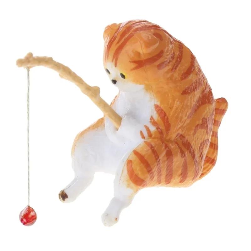 Cute Fishing Cat Fishbowl Fishing Figure Fisherman Figurine Cat Fishing Rod Seals Figures Cat Decoration Interior Accessories