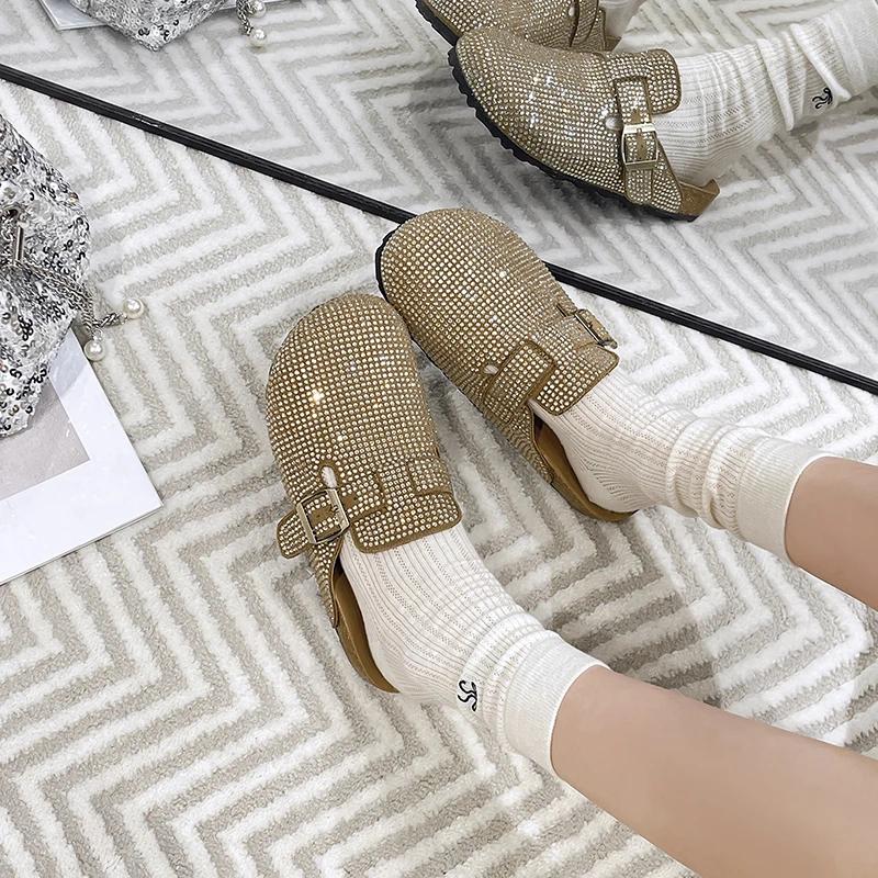 Women's Mules Flat Sole Rhinestones Cover Toe One Kick Women's Slippers Dress Retro Spring Autumn Zapatillas De Mujer