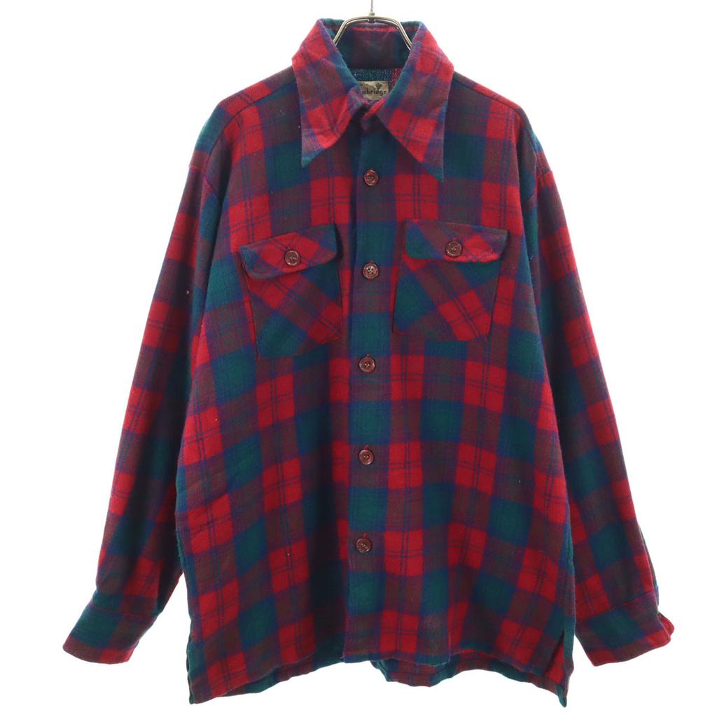 70s vintage Check Pattern Long sleeve Wool shirt L Red Men's Used
