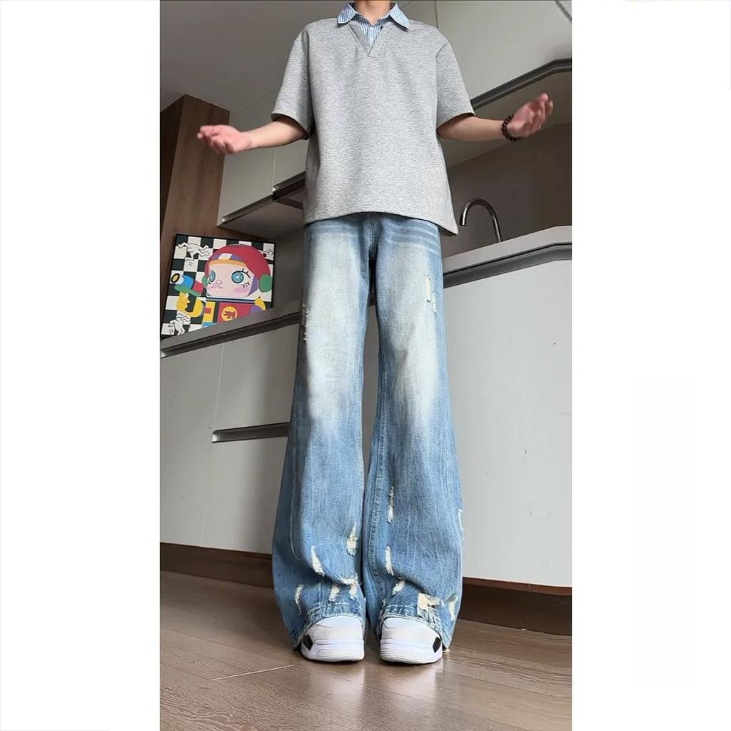 American vibe pants slightly pull jeans men's trendy design sense splicing washed retro ripped wide-leg trousers