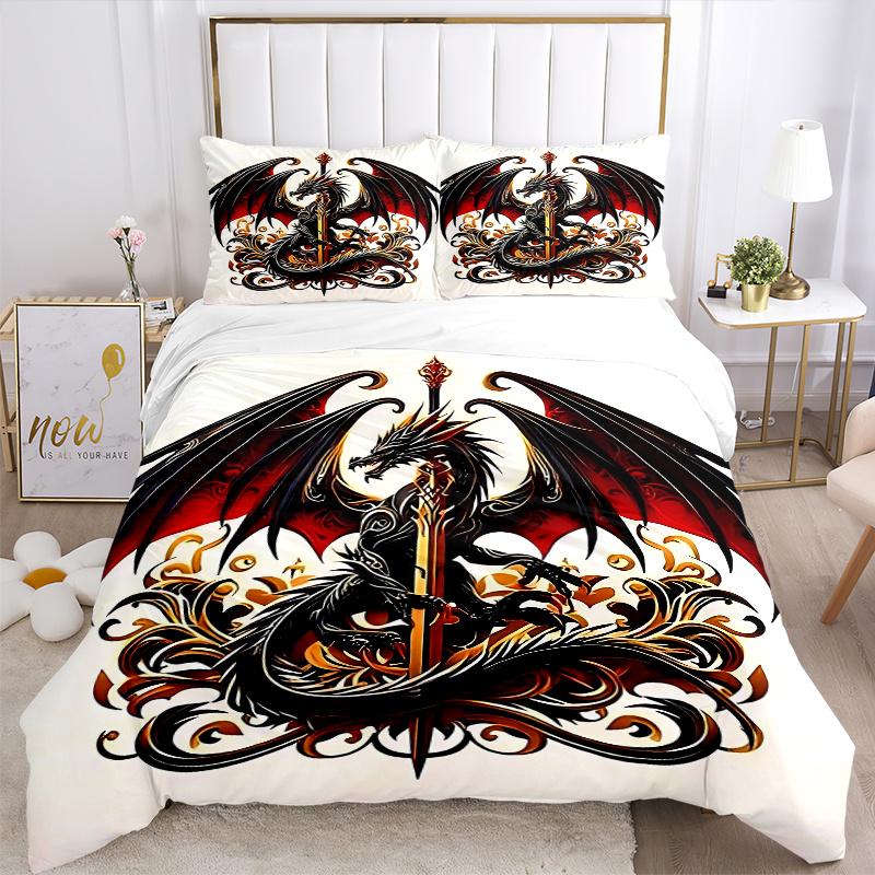 3pcs Black Dragon with Sword Print Cover Set Ultra Soft, Breathable, and Comfortable Bedding with Stylish Design for Bedroom and Guest Room Decor