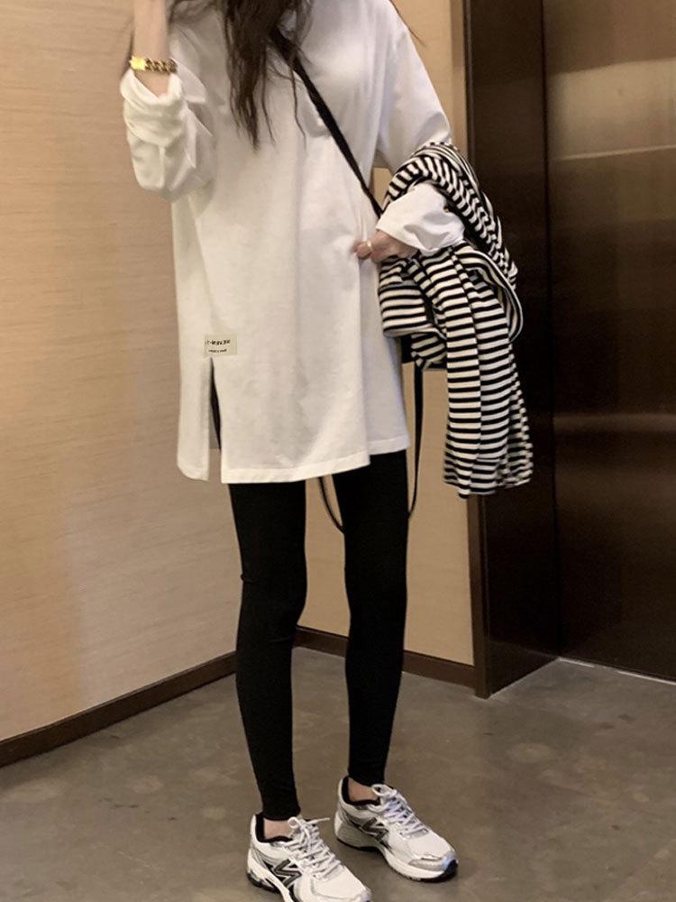Women's Large European Style White Long-Sleeve T-Shirt - Loose Mid-Length Base Layer for Spring, Autumn, Winter.