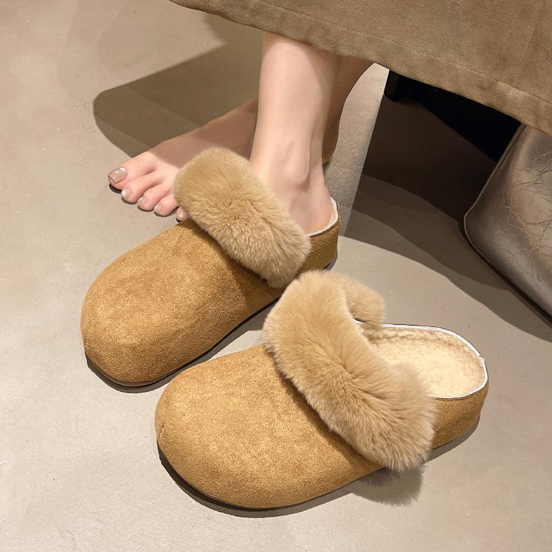 Women's retro lightweight and comfortable non-slip heightening winter warm plush lining non-slip durable casual cotton one-step half slippers