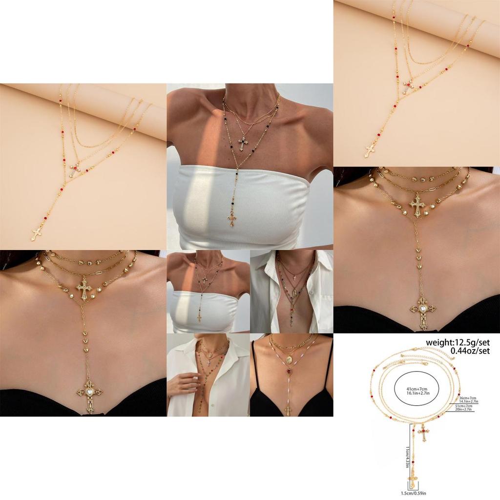 Cross Pendant Necklace For Women With Layered Y Design And Fringes