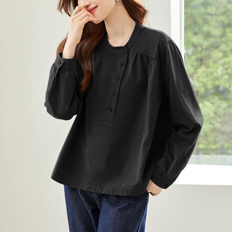 Cotton Shirt Pullover Top Crew Neck Long Sleeve Shirt Commuter Loose Top
