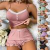 Dame Sexet 2-delt Pyjamasæt Ribbet Blonderkant Knap Cami Top Flæsekant Shorts Nattøjssæt Sommer Afslappet Loungewear