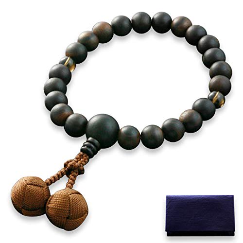 Men's Buddhist Prayer Beads by Kyoto Butsudan Hayashi, Pure Silk Braided String with Ebony (Unpolished) and Two Heavenly Tea Crystals (Includes Prayer