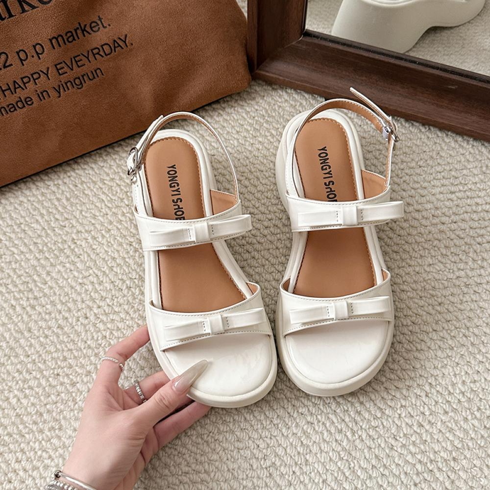 2025 Sandals Bow Shoes Clogs With Heel Open Toe Increasing Height New Retro Thick Summer Girls Peep Gladiator Scandals Rome