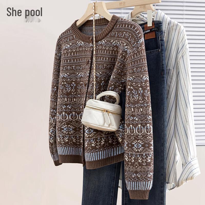 

Women s Fair Isle Round Neck Knitted Cardigan One Size