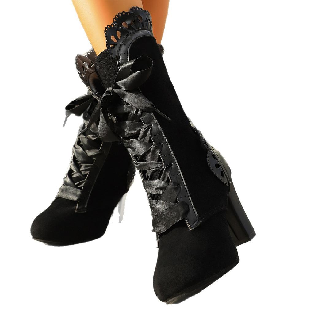 Fashion Mid Calf Boots for Women Low Heel Leather Women's Thick Heel Pointed Toe Boots Fashion Casual Lace Suede Lace Women Comfy Boots