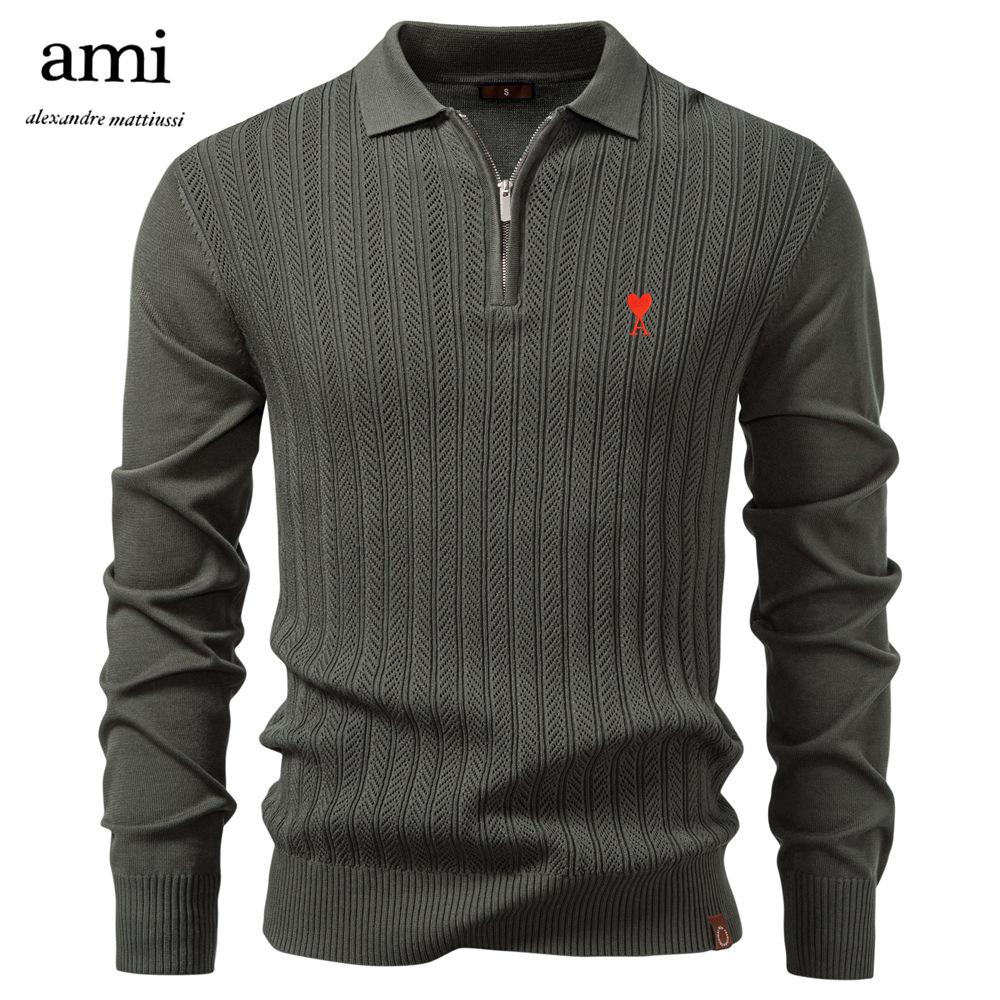 

AMI Осень и Зима Вышивка Новый Мужской Свитер С Длинным Рукавом Вязаный Свитер Половина Молнии Деловой Повседневный Тонкий Свитер XXL