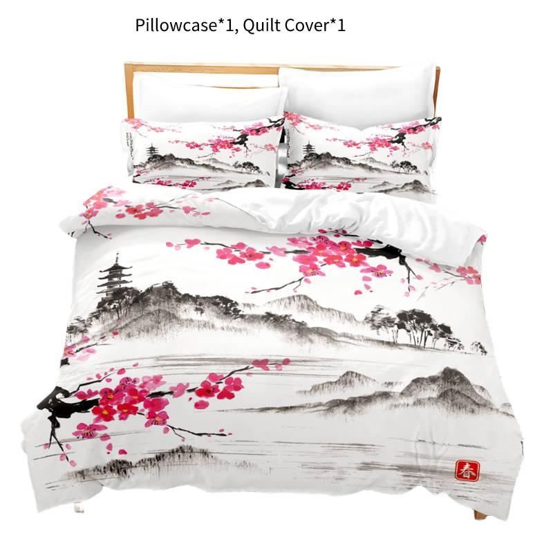 

New Cross-border Chinese Style Ink Painting Digital Printing Flannel Bedding Set Style G,135*200cm/53*79in