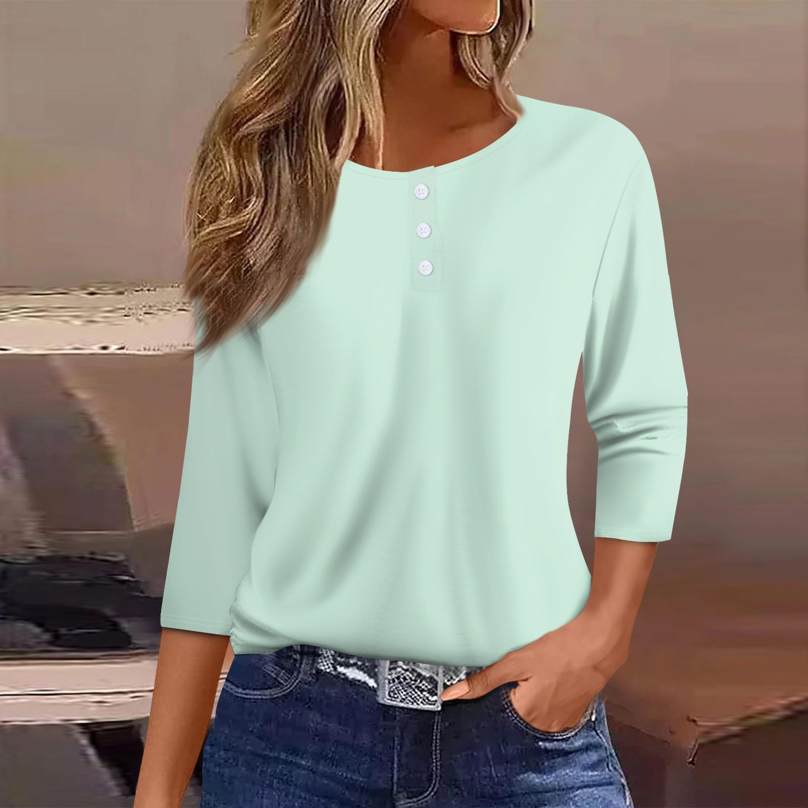 

Жен. Футболка Футболка с принтом Пуговицы Рукав 3/4 Повседневные Выходные Мода Классический Круглый вырез Обычный Топ L синий