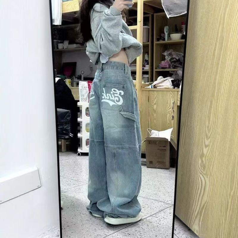 

Women s 2025 Casual Washed Wide-Leg Cargo Jeans: American Spring & Autumn Collection L синий