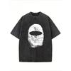 European Size Balaclava Fingerprint Creative Pattern Printing, Heavyweight , Pure, Oversize, Dropped Shoulder T-Shirt, Washed T-Shirt