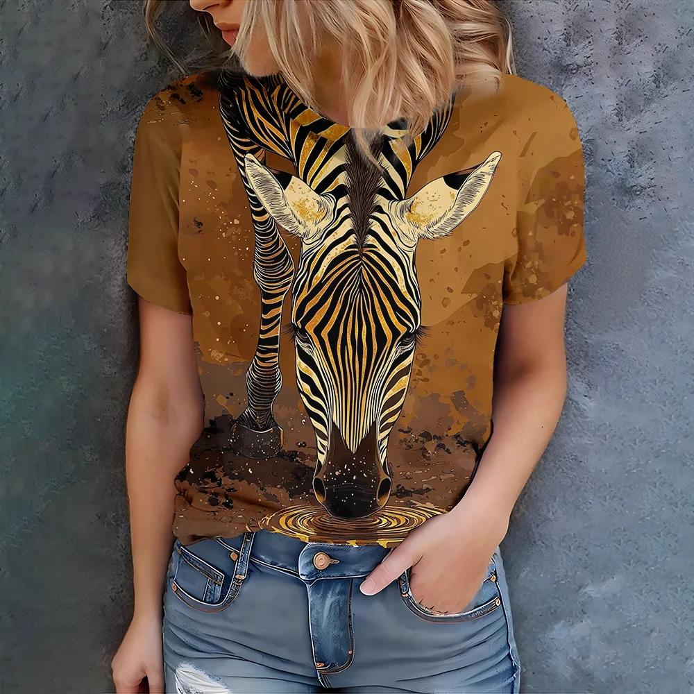 

Abstract Zebra Pattern Women s Brown T-shirt Casual Style Summer Round Neck Short Sleeve Creative Pullover Unisex Y2k Streetwear 4XL