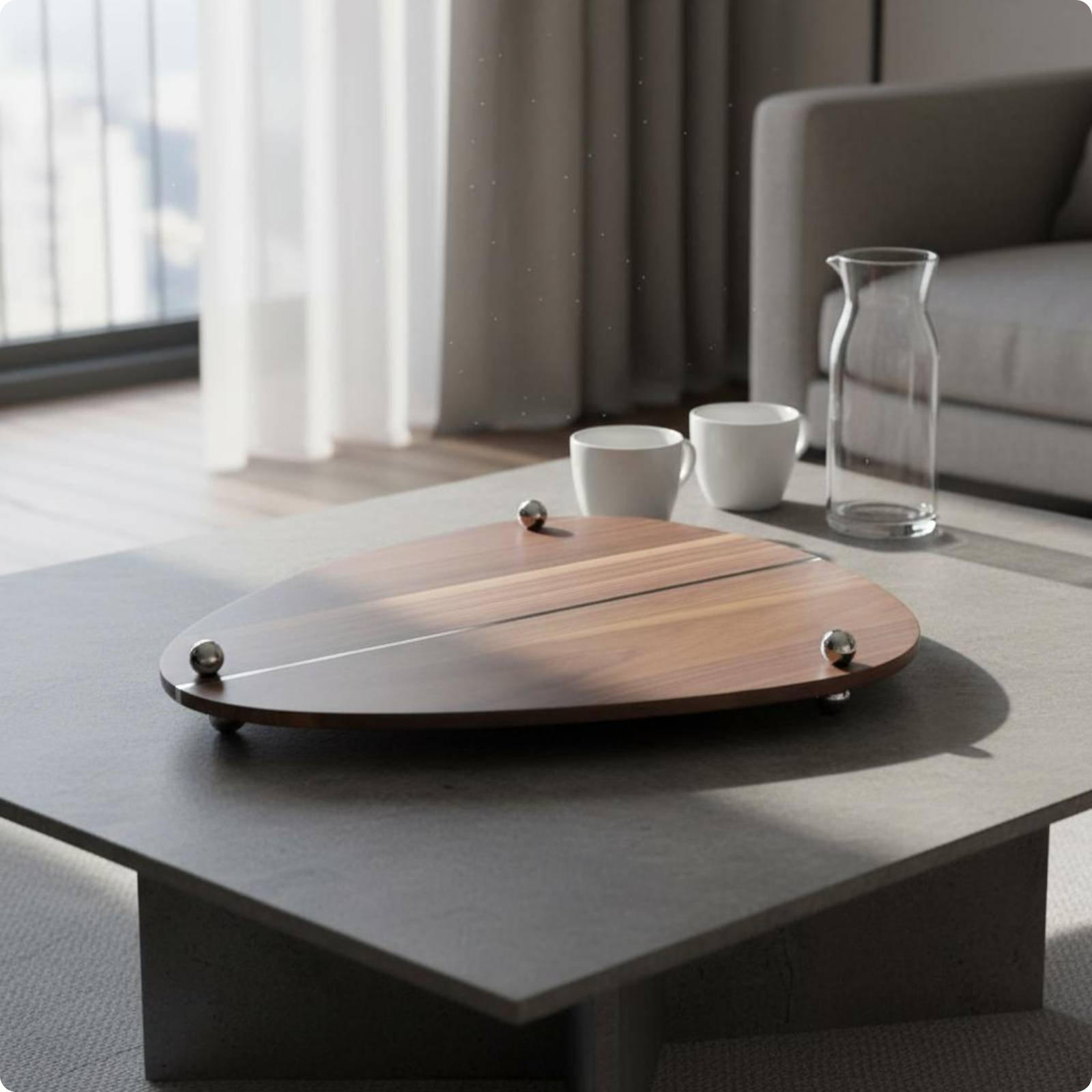 Walnut and Steel Decorative Tray Modern Design Modernist Wood Fruit Irregular Shape Serving