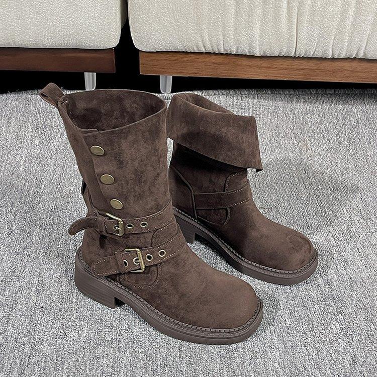 

Версия из коровьей кожи 2025 осень ретро западные ковбойские сапоги женские пустошь ветер толстая подошва толстый каблук средняя голень черно-серые сапоги с напуском 40