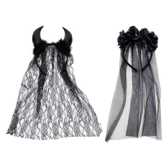 Halloween Devil Horn Hair Hoop Ox Horn Flower Veil Handmade Mesh Headband Party Cosplay Costume Accessory