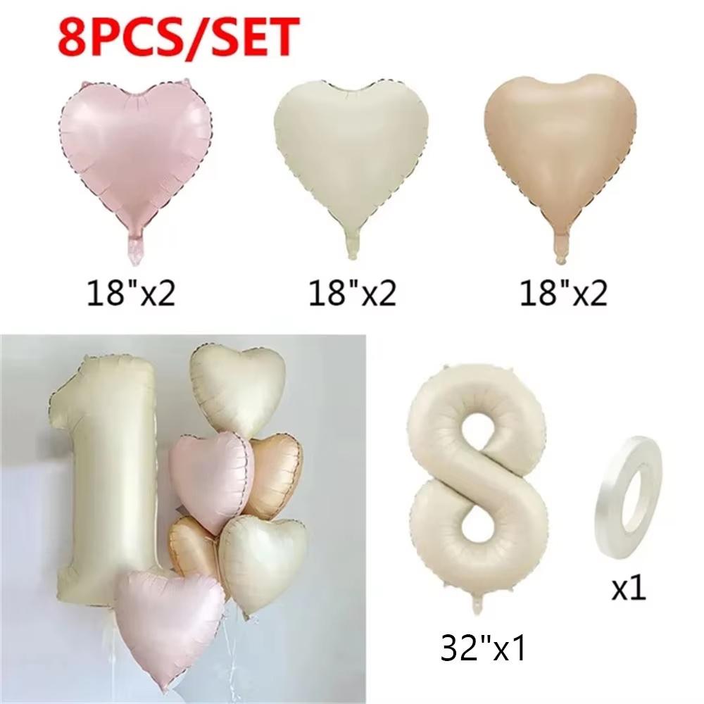 8pcs Cream Color Number Heart Foil Balloons Happy Birthday Party Decorations Kids Girl Boy 1 2 3 4 5 6 7 8 9 Year Old Supplies