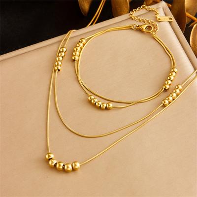 18K Gold Plated Layered Bead Necklace Bracelet Set, Dainty Snake Chain Beaded Station Choker & Bangle for Women, Trendy Jewelry Set