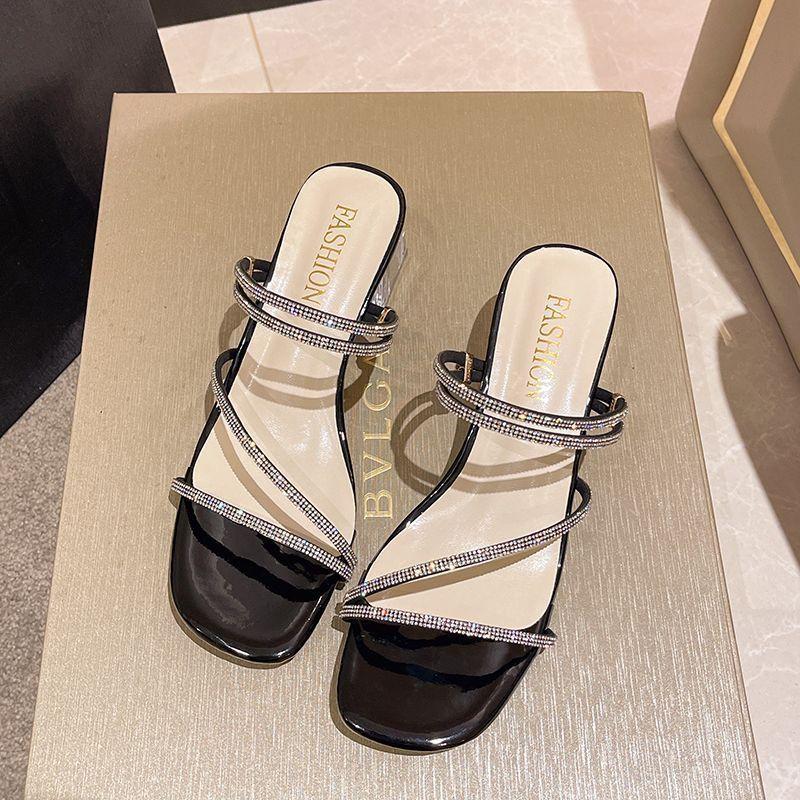 

Women s Summer Rhinestone Sandals, Chunky High Heel Two-Way Wear Fashion Slip-On Shoes, Trendy Party Heels 42